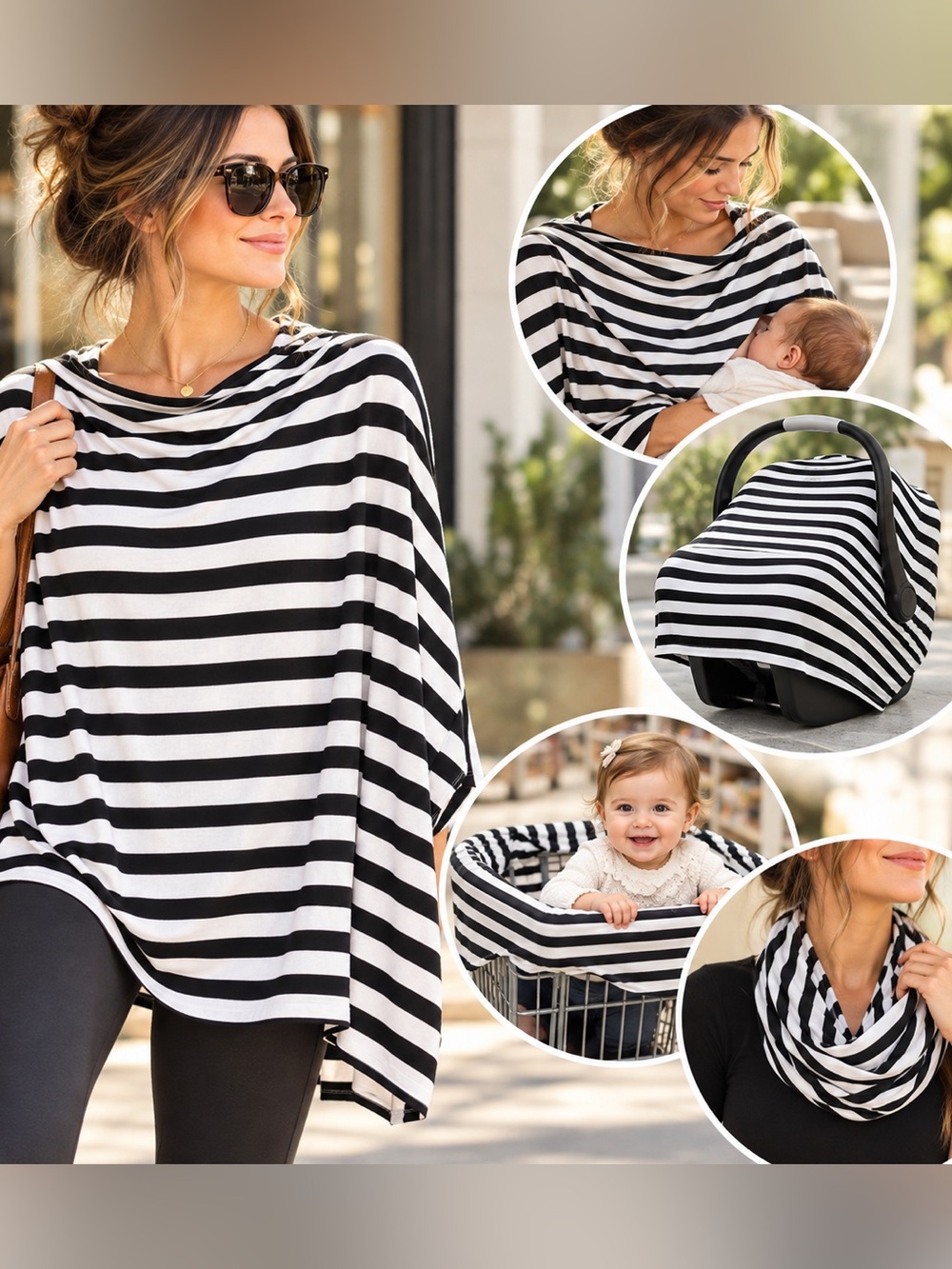 Itzy Ritzy Mom Boss 4-in-1 scarf chair Nursing Car Cover Black White Stripe soft